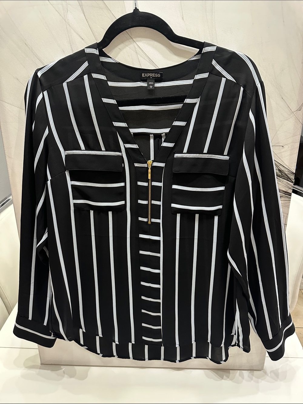 Express Black White Striped Half Zip Blouse Size L